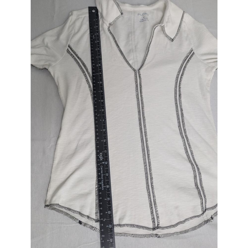 Pilcro Anthropologie White Black Stitched Collared Long Sleeve Top - Picture 11 of 12